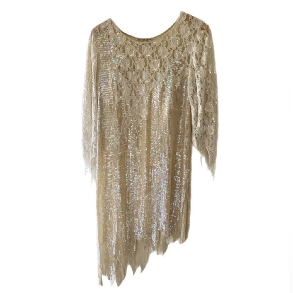 Vintage Sequin Lace Asymmetrical Party Wedding Holiday Dress Size Medium Silk - Picture 1 of 8